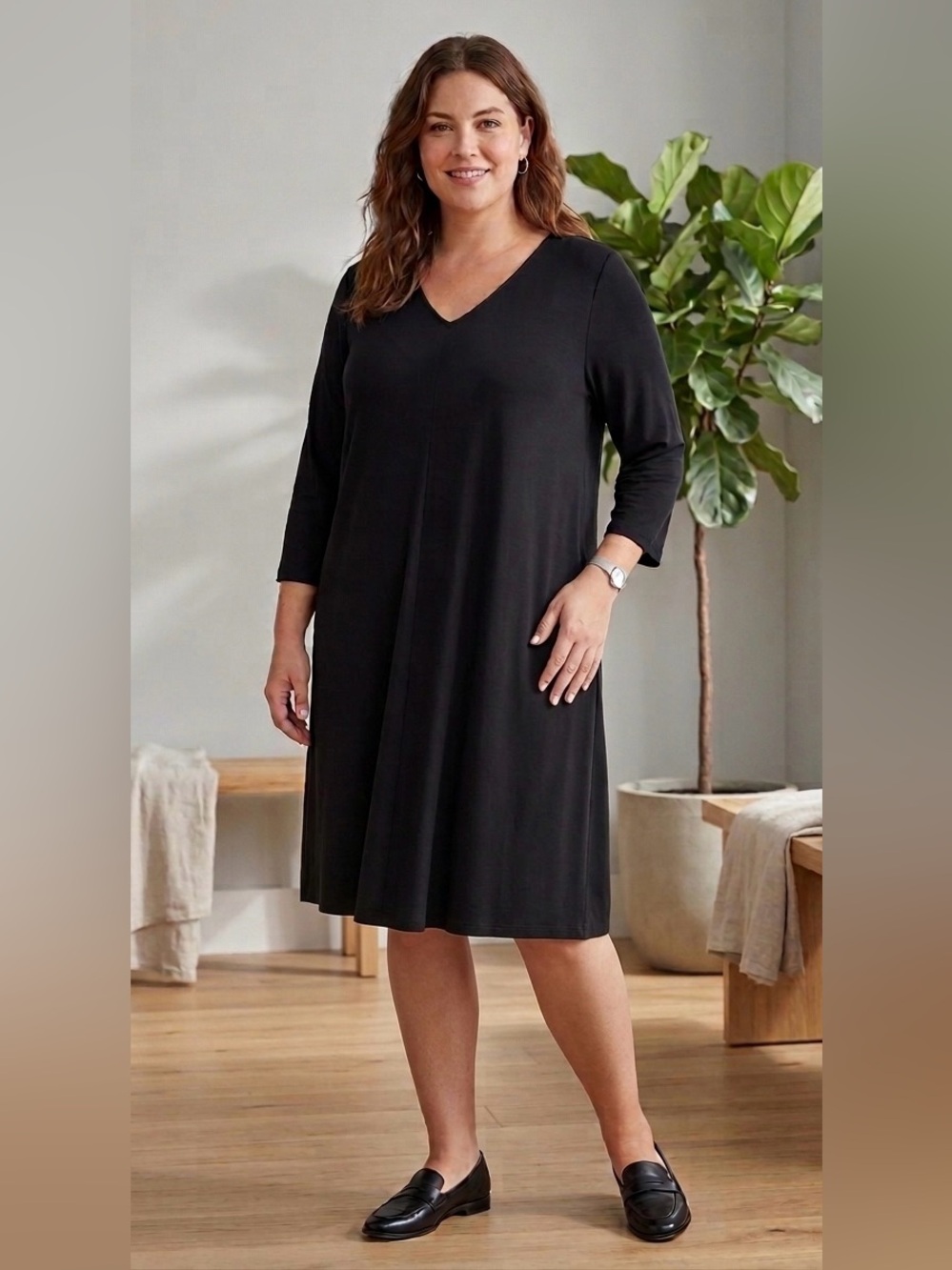 Eileen Fisher Black V-Neck Midi Dress Size XL 3/4 Sleeve jersey viscose